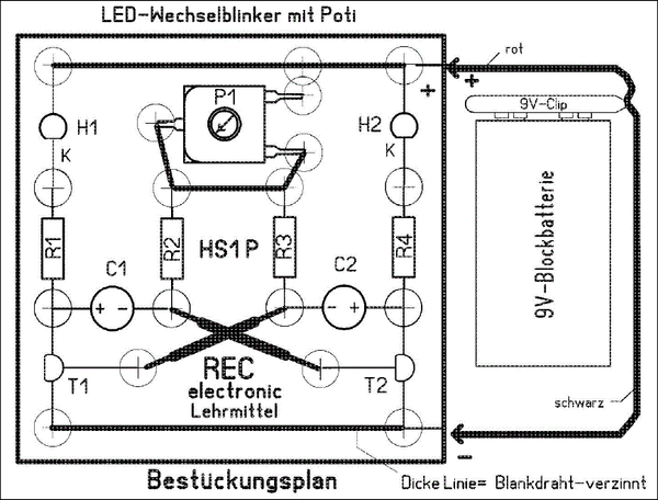 LED-Wechselblinker Bausatz, Blinkfrequenz einstellbar ohne- oder mit 9V-Batterie auswählbar, HS1P