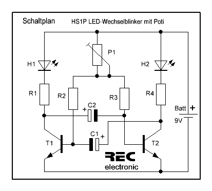 LED-Wechselblinker Bausatz, Blinkfrequenz einstelbar ohne- oder mit 9V- Batterie auswählbar, HS1P - REC Lernmittel aus dem Odenwald