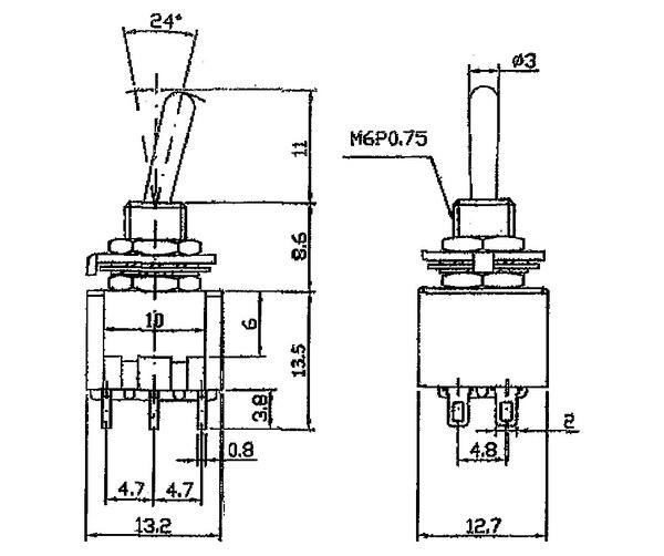 Miniatur-Kippschalter 2 X UM (Ein-Aus) mit Lötanschluss, KSX2
