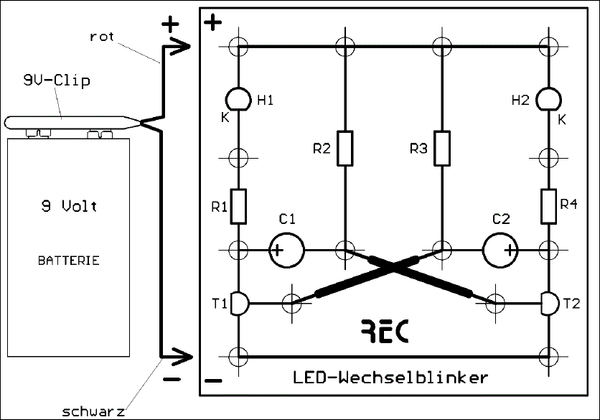 LED-Wechselblinker-Bausatz (Gruppensatz= 5 St.) ohne- oder mit 9V-Batt. auswählbar, HS1GS